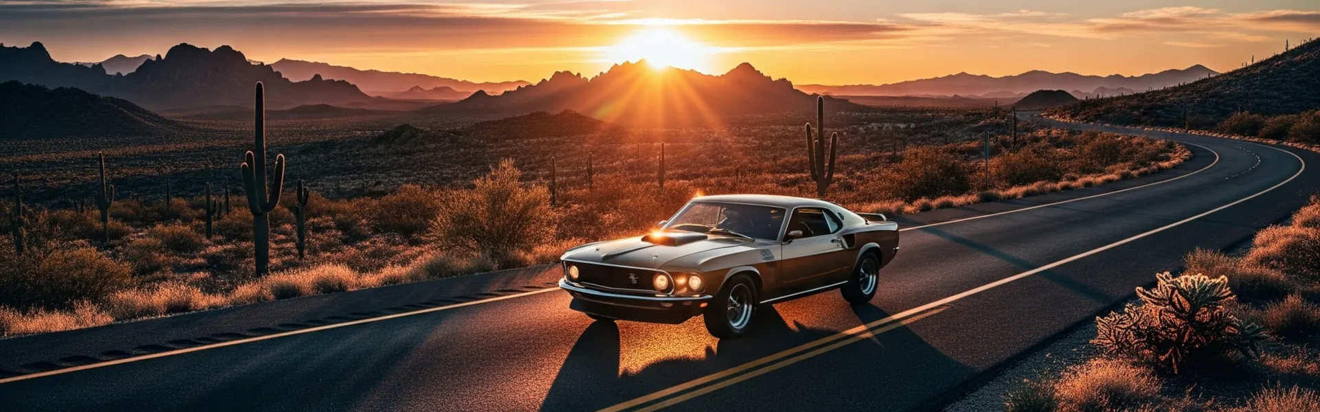 Muscle car clásico en carretera del desierto